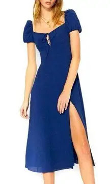 wilfred aritzia pandora blue milkmaid bodice slit midi dress