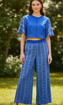 SOLITAIRE Anthropologie Set Crop Top & Wide Leg Pant Cotton embroidered Sz L