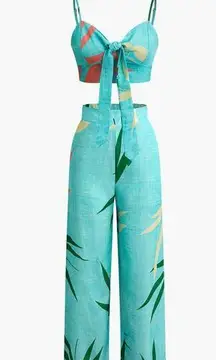 Micas Bamboo Leaf Print Knot Tropical Boho Resort Cami Top And Pants Set Blue XL