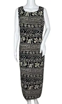 Kathie Lee Dress Women 10 Black Cream Floral Midi Dress Tropical Vacation Cruise