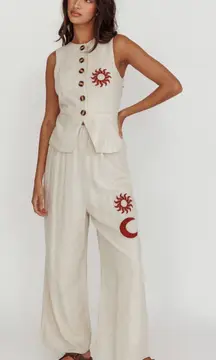 INDI LUXE Swing Of Things Sun Sleeveless Buttoned Vest Wide Leg Pants Oat Large