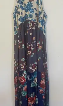 Living Doll Maxi Dress‎ Boho Tiered Multi Florals Crochet Trim L Flowy