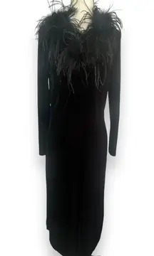 Black Velvet Feather Collar Duster Glam Evening Jacket Vamp Witchy Maxi Coat