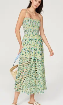 Solid & Striped Kennedy Green Tropical Floral Print Smocked Eyelet Midi Dress M