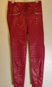 Boutique Red Maroon Studed Tie Closure Zip Pockets Punk Rock Skinny Pants M