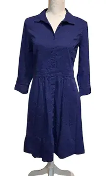 Eileen Fisher Women's Blue Linen‎ 3/4 Sleeve Button Down Collared Dress Size XS