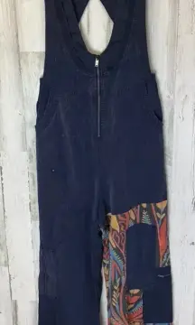 Free People Patchwork Boho Nylon Blend Wide Leg Jumpsuit Sz S open back