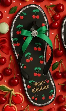 Juicy Couture Cherry Flip Flops Sandals Black Green Bow Rhinestone Sz 8 NWT
