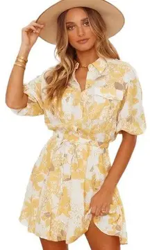 Hello Molly Cabernet Shirt Dress Mini Yellow White Floral Print NEW Womens XS