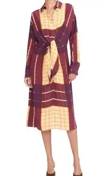 Staud Elsa Button-Front Shirtdress Block Plaid Tie Front Smock Back  *FLAW* SZ L