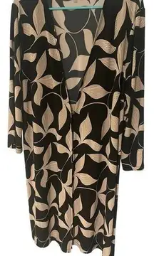 Kasper Black Leaf Print 3/4 Length Sleeve Light Weight Long Cardigan size XL