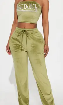 Von Dutch Velour Matching Set Wide Leg Track Pant Tube Top Olive Green- Size 1X