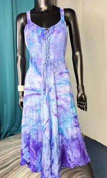 Sapogee Made in India Tie Dye Dress Lace Up Free Size Midi Purple Blue‎ Rayon
