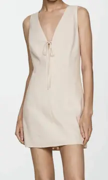 Mango Linen Dress plunge mini womens Beige (medium) minimalist party simple chic