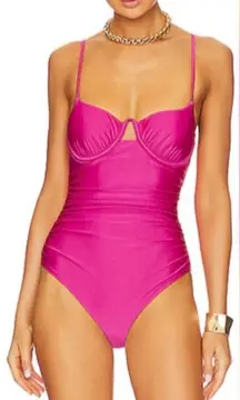 JONATHAN SIMKHAI Satin Ruched Cup Underwire Dragon Fruit Swimsuit- Size Medium
