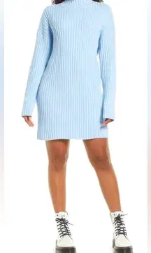 NWT . Mock Neck Long Sleeve Cotton Blend Rib Sweater Dress In Blue Cashmere L