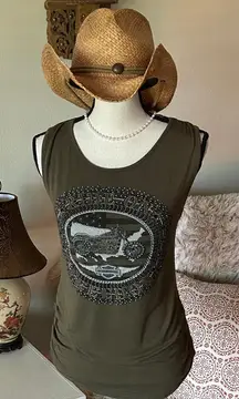 Harley Davidson, army green lace up back biker bling graphic tank top L