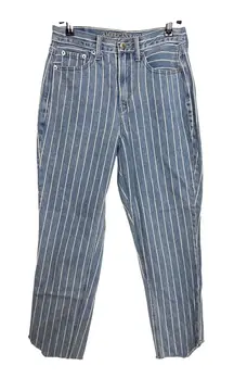 American Eagle Jeans Womens 0 Blue White Striped Mom Jean High Rise Raw Hem