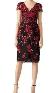 RTR sz 4 Marchessa Notte lace rose red floral embroidered v neck midi dress