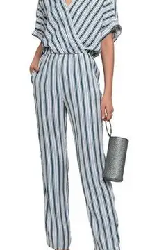 Maje Pando Pandora Striped Twill Relaxed Jumpsuit: Green/White/Blue Faux Wrap