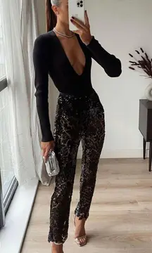 Black mesh lace sparkle sequin flare wide leg pants trousers