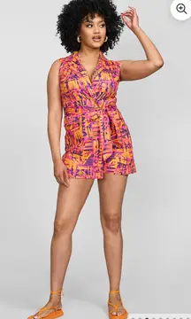 NWT D'IYANU Chichima  African Print Blazer Romper (Orange Abstract Leaves) Large