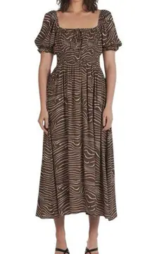 Charlie Holiday Lola Midi Dress in Retro Zebra size 4 Puff Sleeve Smocked Brown