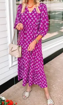 Women’s Size Large Purple Floral Cottage Core Layered Ruffle Maxi Dress Boho