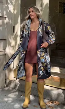 Farm Rio Coat Blue Patterned Puffer Jacket Long