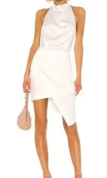 NEW ELLIATT Camo ASYMMETRIC White Ivory SATIN Halter DRAPED Cocktail Dress sz M