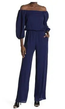 Theory  Georgette Jumpsuit Size Small Navy NWT Off the Shoulder Silk Formal Party