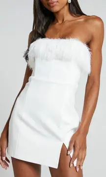 RHAIZA MINI DRESS - FAUX FEATHER TRIM STRAPLESS DRESS IN WHITE