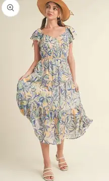 &merci Love Forever Floral Print Cut Out Back Midi Dress Blue Multi M