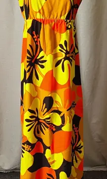 Vintage 70s Pomaré Tahiti Orange Yellow Hibiscus Maxi Dress XS Honolulu