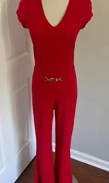 Y2K RED‎ LA FETE BELTED FLARE LEG JUMPSUIT