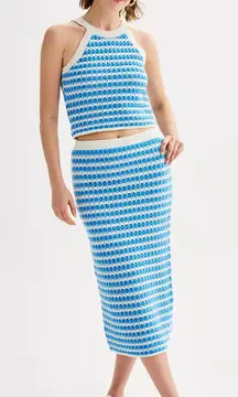 Juniors' Freshman Crochet High Neck Sweater and Skirt Set medium NWT Blue White