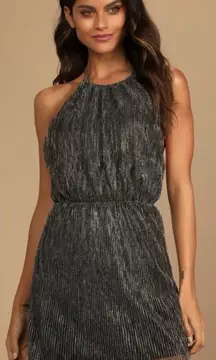 NWT Lulus Turn Up The Shine Black and Gold Metallic Halter Mini Dress - Size M