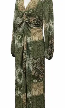 Green Paisley Patchwork Maxi Dress – Long Sleeve, Twist Front