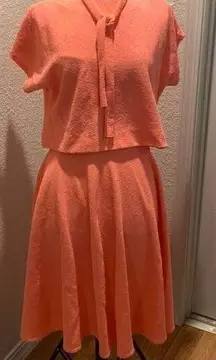 Vintage 2 Piece Coral Skirt Set Short Sleeve Cropped Shirt w/ Tie & Midi Skirt