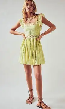 Free People FP One Lime Yellow Crochet Lace Square Neck Mini Verona Dress