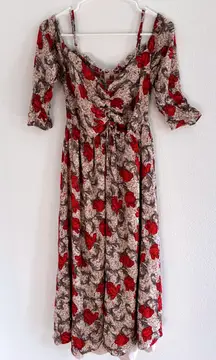 Hinge Dress Womens Size Small Midi Cherry Red Floral‎ Feminine Peasant Romantic