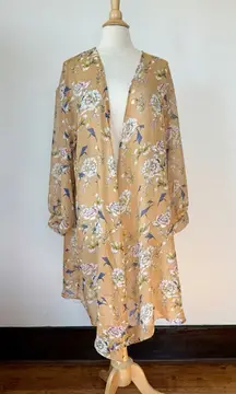 Floral Long Sleeve Sheer Open Front Kimono Duster