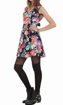 Iron Fist Roaming Hearts Skull Floral Print Fit & Flare Jersey Mini Dress Size M