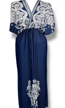 Just Love Womens Kaftan Dress Empire Waist Maxi Floral Print Blue White XL