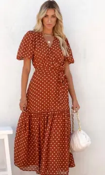Vici Wrap Midi Dress Rust Brown Polka Dot Ruffle Hem‎ Short Sleeve Women's