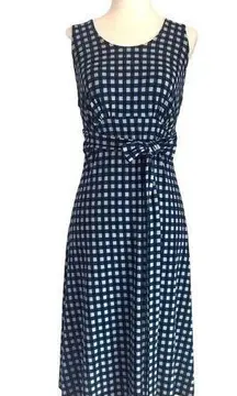 Sleeveless Maternity Midi Dress Plaid Knit Tie Waist Blue Gray Small