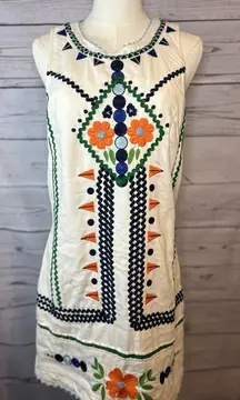 Anthropologie Linen Shift Dress Size 4 Embroidered Geometric Floral Sleeveless