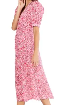 MISA Los Angeles‎ Pink Floral Button Front Midi Dress Puff Sleeve L Made In USA