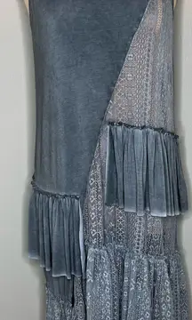 POL Shift Dress Womens Small Gray Acid Wash Tiered Ruffle Lace Artsy Boho Hippie