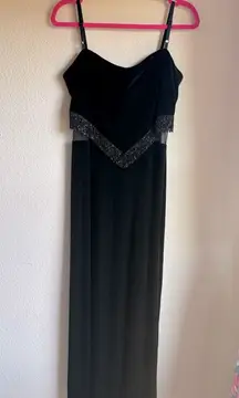 Vintage Patra Black Velvet Beaded Fringe Mesh Paneled Flapper Maxi Dress 10